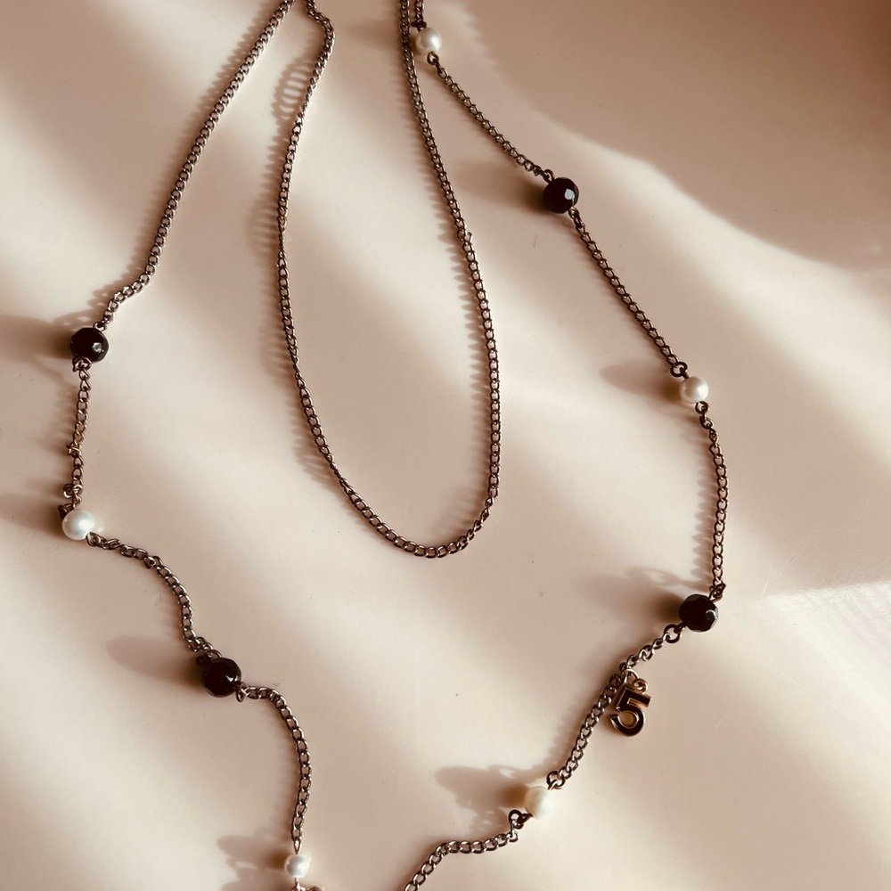 Elegant Pearl and Black Bead Necklace